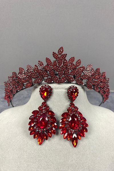 Hobigram Red Sara Sık Stone Bridal Henna Crown și cercei cu navetă pentru cele mai frumoase mirese – Coroană, Crystal Stone –