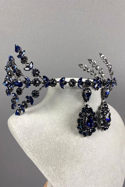 Hobigram Navy Blue Helenist Bridal Henna Crown and Shuttle Earring Set for the Most Beautiful Brides – Crown, Crystal Stone – Crown