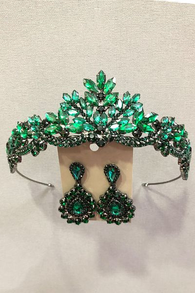 Hobigram Set de henna, coroană de mireasă și cercei cu carcasă metalică cu pietre de cristal verde pentru cele mai frumoase mirese – Coroană – Coroană