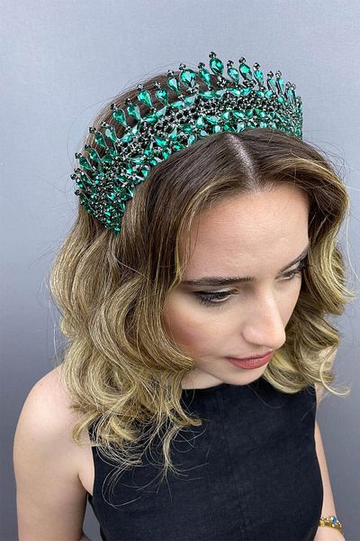 Hobigram Coroana de mireasa Henna model Sultan verde pentru cele mai frumoase mirese – Coroana, cu piatra de cristal, model elegant, coroana de mireasa –