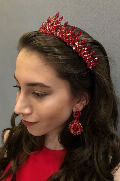 Hobigram Coroana și cercei de mireasă roșii Subra pentru cele mai frumoase mirese – Coroană, cu pietre de cristal, model elegant – Coroană –