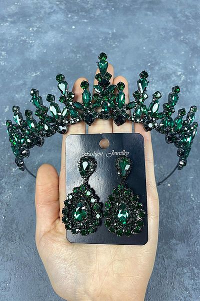 Hobigram Cercei de seară cu coroană de henna de mireasă verde și piatră picătură pentru cele mai frumoase mirese