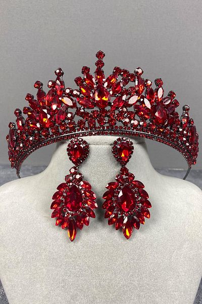 Hobigram Set coroană de mireasă și cercei cu cuburi roșii Pera pentru cele mai frumoase mirese – coroană, piatră de cristal, model elegant