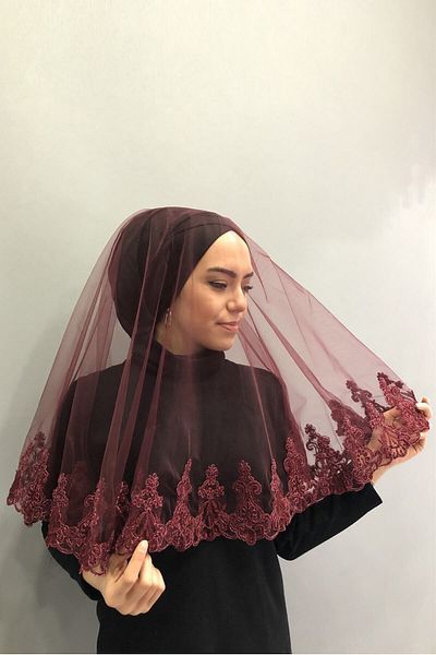 Hobigram Bridal Accessory Burgundy Laced Burgundy Embroidered Bridal Veil Henna Face Cover – Bridal Accessory – Bride