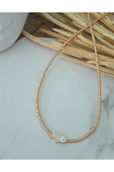 HALHALMILL Kadın Gold Kum Boncuk Ekru Balık Kolye