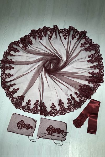 Hobigram Bridal Accessory Burgundy Laced Burgundy Embroidered Bridal Veil Henna Face Cover – Bridal Accessory – Bride