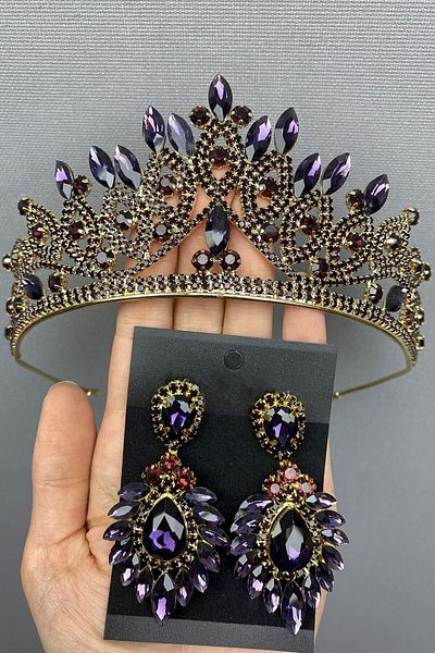 Hobigram Bridal Accessory Purple Gold Bridal Henna Tiara and Earrings – Bridal Accessory, Stylish Design, Women's Accessory –