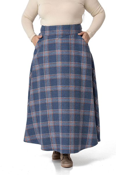 DISENTIS MODEST Large Size Waist Detailed Pocket Zippered Bell Plaid Indigo Long Skirt