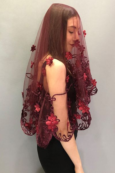 Hobigram Bridal Accessory Burgundy Bridal Face Cover with Glitter Flowers – Bridal Accessory, Stylish Design, Women's Accessory