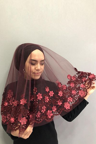 Hobigram Bridal Accessory Burgundy Embroidered Bridal Veil Henna Face Cover – Bridal Accessory, Stylish Design – Bridal