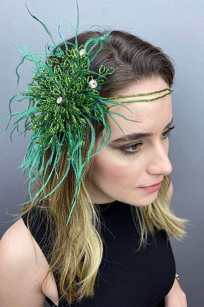 Hobigram Bridal Accessory Green Enzey Feathered Beaded Bridal Hair and Turban Accessory – Bridal Accessory – Bridal