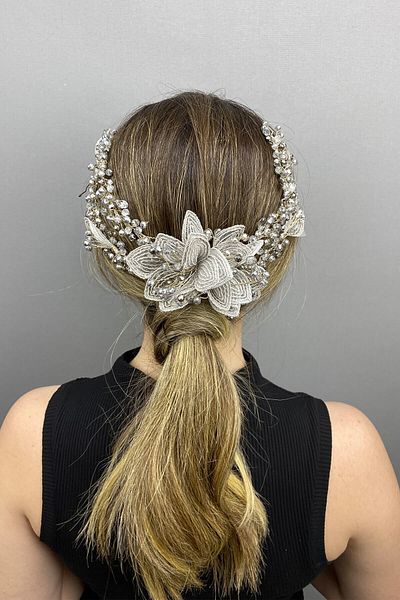Hobigram Bridal Accessory Silver Color Flower and Crystal Helen Bridal Hair Accessory – Bridal Accessory – Bridal