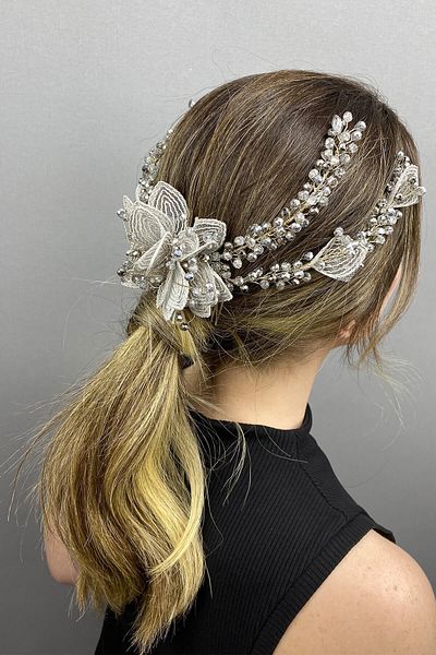 Hobigram Bridal Accessory Silver Color Flower and Crystal Helen Bridal Hair Accessory – Bridal Accessory – Bridal