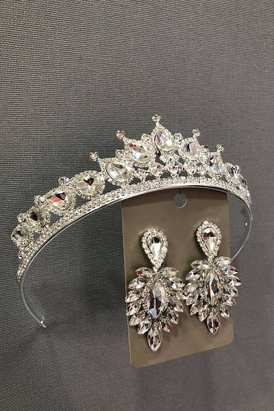 Hobigram Bridal Accessory Women's Silver Color Crystal Glass Stone Henna Crown and Earring Set – Bridal Accessory – Ge