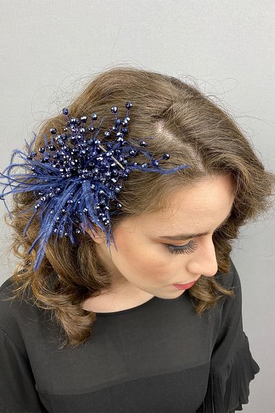 Hobigram Bridal Accessory Navy Blue Crystal Beaded and Feathered Hair Accessory – Bridal Accessory, Stylish Design – g