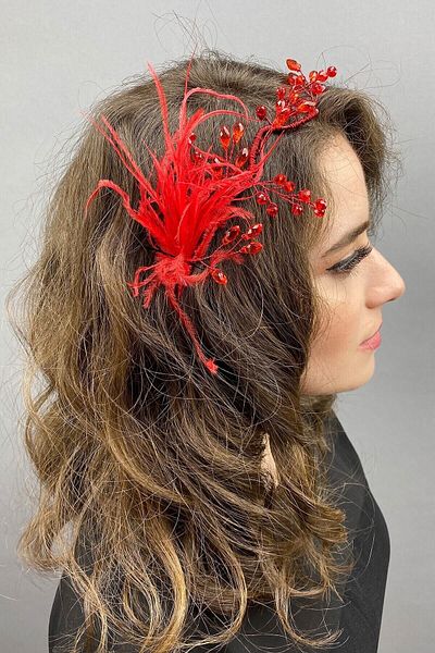 Hobigram Hair Accessory Ozly Red Feathered Crystal Bridal Hair and Turban Accessory – Other Hair Accessories –