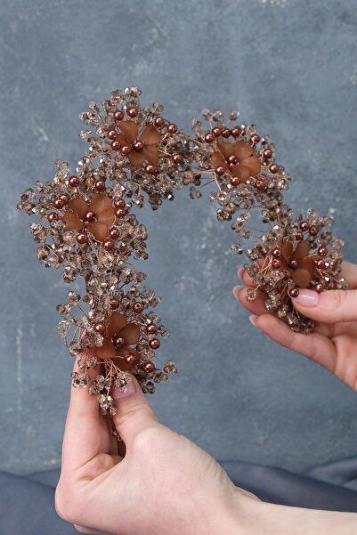 Hobigram Gelin Aksesuarı Rose Rengi Simay Çiçek Motifli Gelin Tacı Ve Saç Tür...