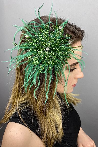 Hobigram Bridal Accessory Green Enzey Feathered Beaded Bridal Hair and Turban Accessory – Bridal Accessory – Bridal