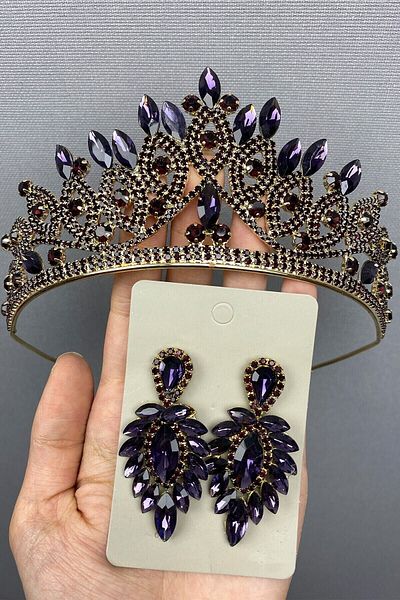 Hobigram Bridal Accessory Purple Gold Bridal Henna Tiara and Earrings – Bridal Accessory, Stylish Design, Women's Accessory – g