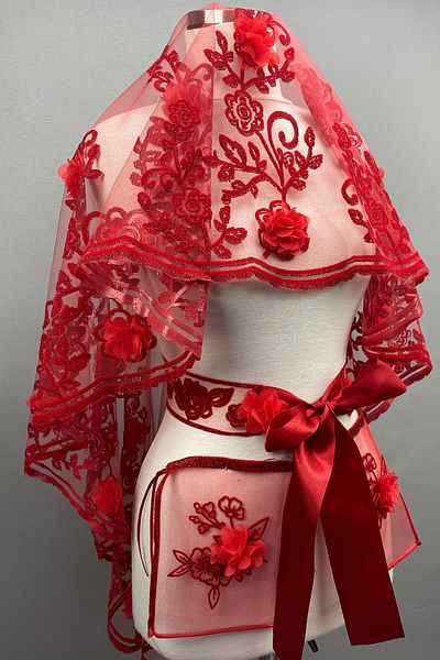 Hobigram Bridal Accessory Red Vendi Laser Floral Glitter Henna Veil Face Cover – Bridal Accessory – Bride