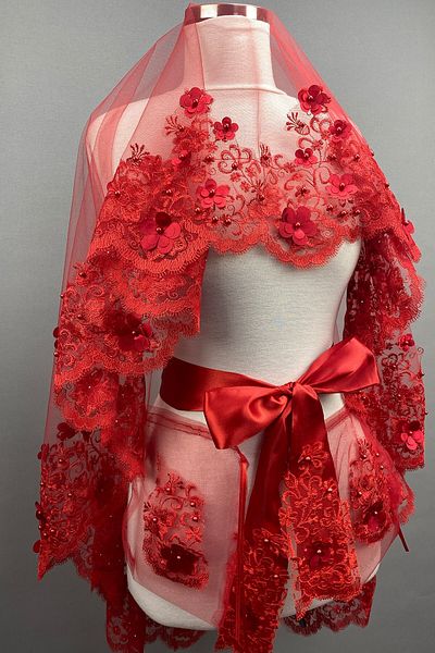 Hobigram Bridal Accessory Red Aden Floral Bridal Henna Veil Face Cover – Bridal Accessory, Stylish Design –