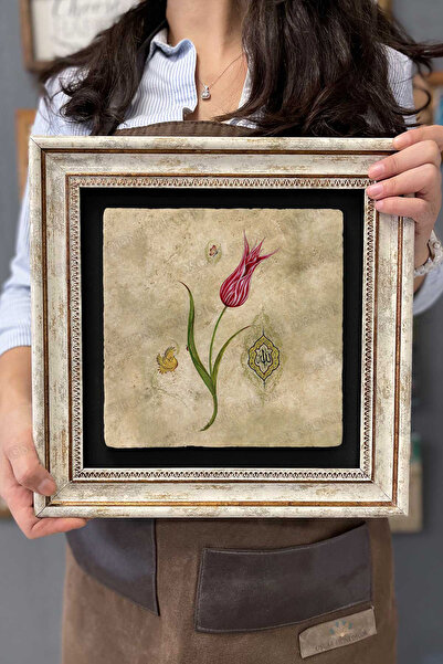 Oscar Stone Decor Çerçeveli Tablo Taş Duvar Dekoru 30 X 30 Cm Ebruli Çiçek Ta...