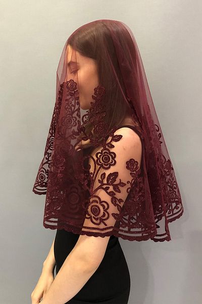 Hobigram Bridal Accessory Floral Patterned Burgundy Bridal Face Cover – Bridal Accessory, Stylish Design, Women's Accessory