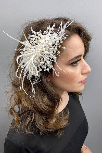 Hobigram Bridal Accessory Cream Crystal Beaded and Feather Hair Clip – Other Hair Accessories, Stylish Design – D