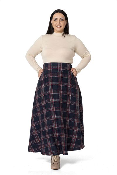 DISENTIS MODEST Large Size Waist Detailed Pocket Zippered Bell Plaid Navy Blue Long Skirt