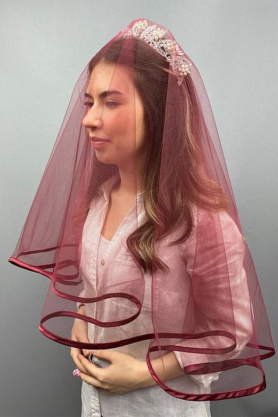 Hobigram Bridal Accessory Burgundy Piping Bridal Veil Face Cover – Bridal Accessory, Stylish Design, Women's Accessory
