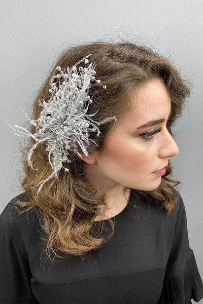 Hobigram Hair Accessory Gray Crystal Beaded and Feather Hair Clip – Other Hair Accessories, Stylish Design – Other