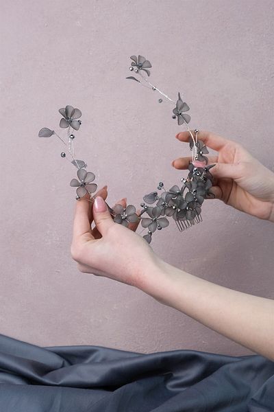 Hobigram Bridal Accessory Anthracite Gray Mila Flower Branch Motif Bridal Henna Crown – Bridal Accessory, Stylish Design