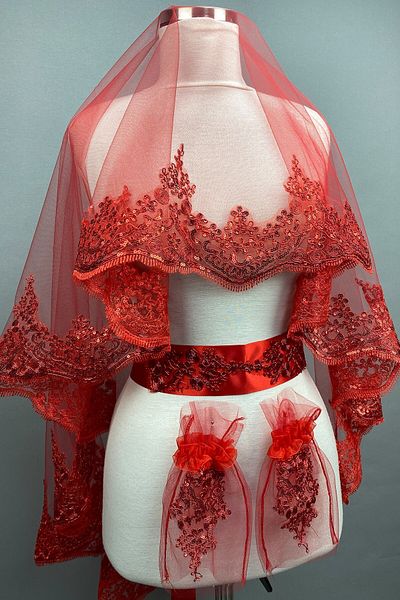 Hobigram Bridal Accessory Red Azur Sequin Bridal Veil Henna Face Cover – Bridal Accessory, Stylish Design – Ge