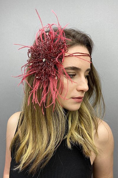 Hobigram Bridal Accessory Burgundy Enzey Feathered Beaded Bridal Hair and Turban Accessory – Bridal Accessory – Bridal