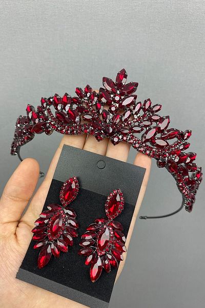 Hobigram Bridal Accessory Burgundy Berlin Model Bridal Henna Tiara and Earrings – Bridal Accessory, Stylish Design – Bridal Ak