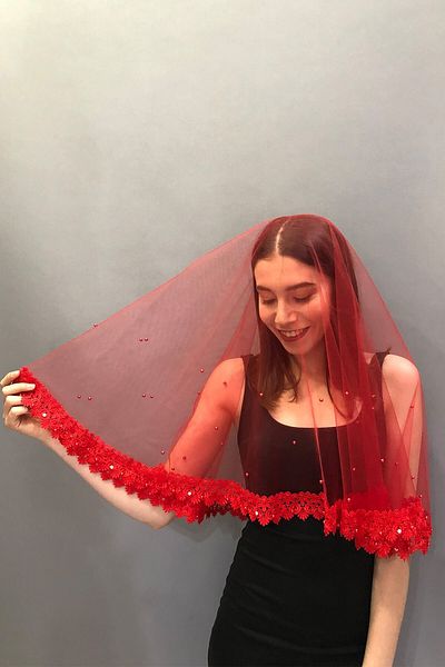 Hobigram Bridal Accessory Red Beaded Stone Bridal Face Cover – Bridal Accessory, Stylish Design – Bridal Accessory