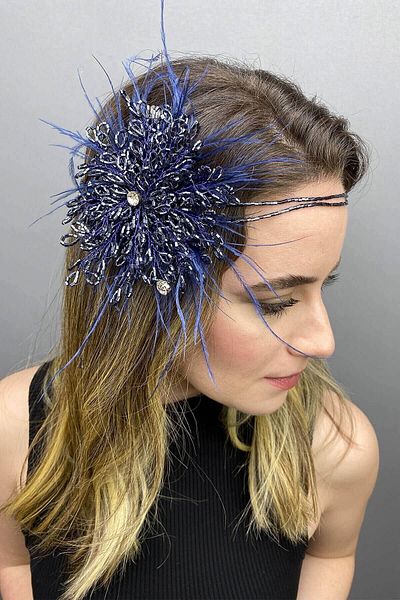 Hobigram Hair Accessory Navy Blue Enzey Feathered Beaded Bridal Hair and Turban Accessory – Other Hair Accessories