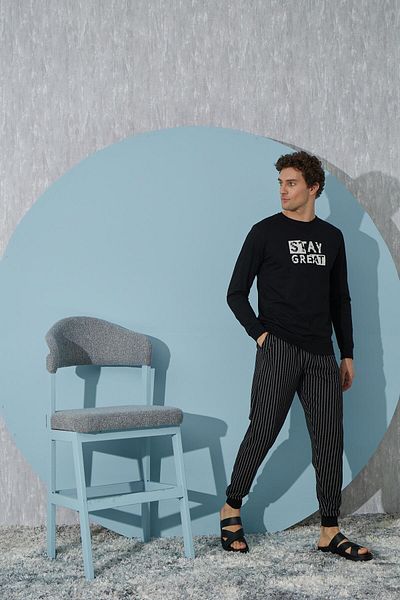 Sevim Set pijamale negre cu mânecă lungă pentru bărbați C9T4N2O8