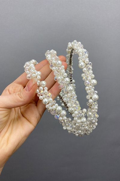 Hobigram Bridal Accessory Pearl and Crystal Beaded 3 Row Bridal Crown Hair Accessory – Bridal Accessory – Geli