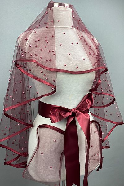 Hobigram Bridal Accessory Burgundy Pearl Piping Bridal Veil Henna Face Cover – Bridal Accessory – Bridal Accessory