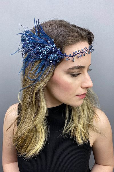 Hobigram Bridal Accessory Indigo Blue Fliyz Feathered Crystal Bridal Hair and Turban Accessory – Bridal Accessory –