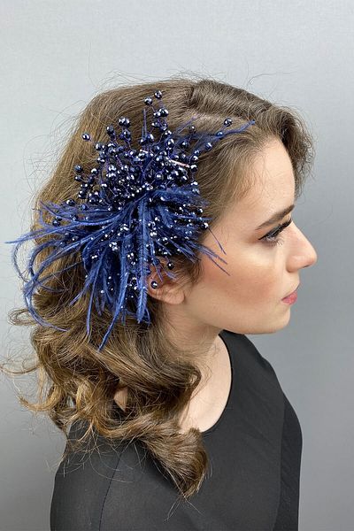 Hobigram Bridal Accessory Navy Blue Crystal Beaded and Feathered Hair Accessory – Bridal Accessory, Stylish Design – g