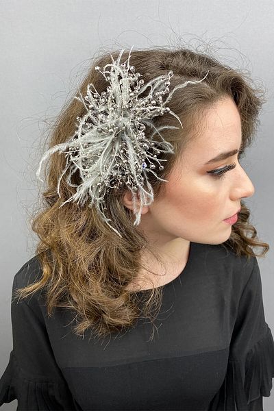 Hobigram Bridal Accessory Anthracite Gray Crystal Beaded and Feathered Hair Accessory – Bridal Accessory, Stylish Design