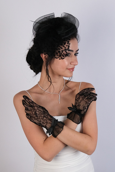 Hobigram Wedding Wedding Product Black Polka Dot Costume Cap and Ribbon Detailed Costume Gloves