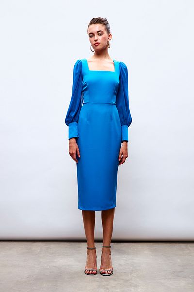 Sateen Rochie din crepon cu maneca sifon - ALBASTRU
