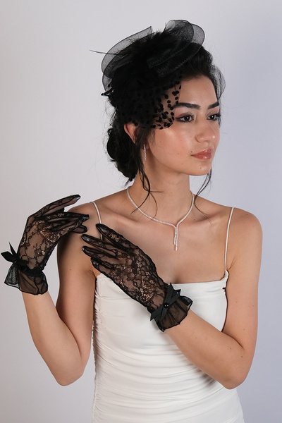 Hobigram Wedding Wedding Product Black Polka Dot Costume Cap and Ribbon Detailed Costume Gloves