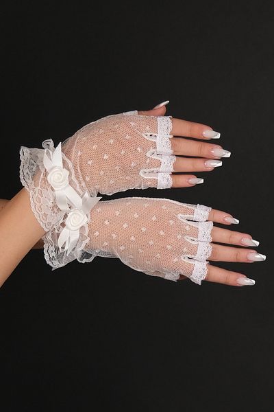 Hobigram Wedding Wedding Product Half Rose Detailed Bridal Gloves and Bridal Wedding Hat Set – Gloves, Stylish Design