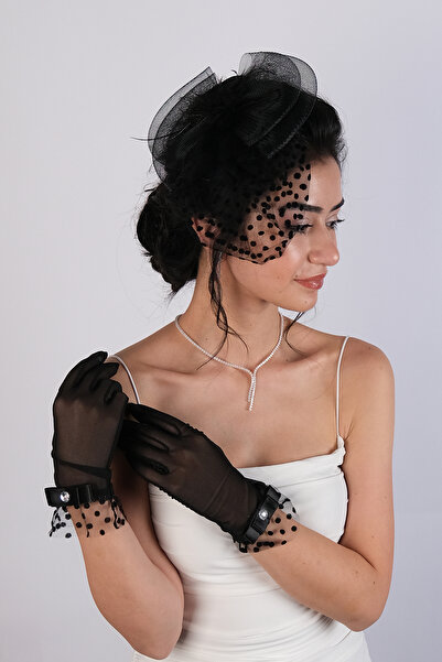 Hobigram Wedding Wedding Product Black Short Bridal Gloves and Polka Dot Bridal Cap – Gloves, Stylish Design