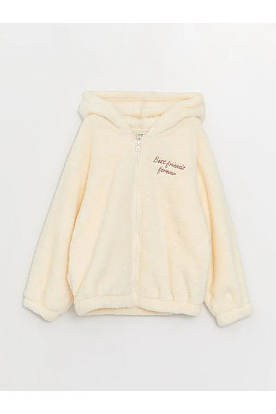 LC Waikiki LCW Kids Hooded Embroidered Long Sleeve Plush Girl's Zippered Sweatshirt