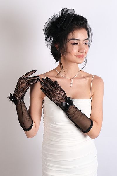 Hobigram Wedding Wedding Product Feather Ribbon Detailed Bridal Gloves and Toilet Set – Gloves, Stylish Design